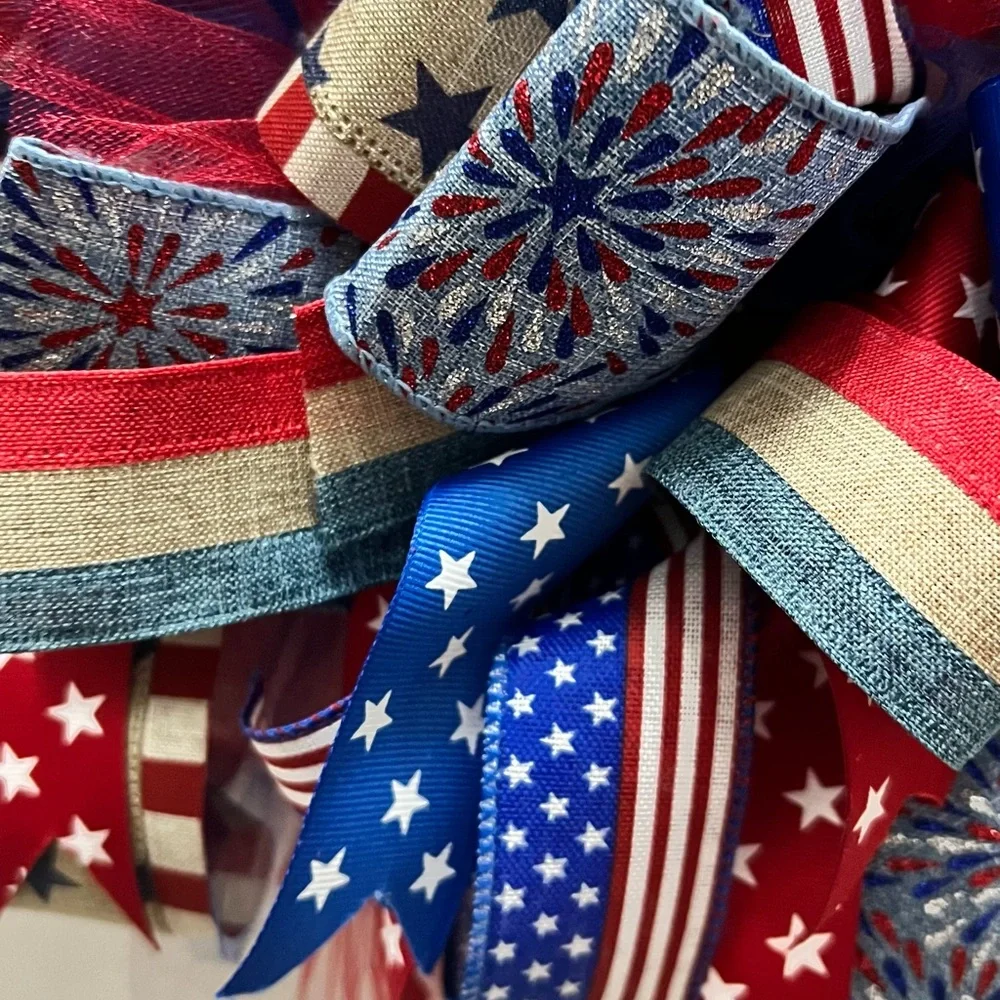 Welcome patriotic wreath, red white and blue mesh ribbon front door wreath.